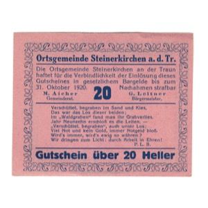 Billete, Austria, Steinerkirchen An Der Traun Ortsgemeinde, 20 Heller, Texte