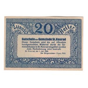 Billete, Austria, St. Konrad O.Ö. Gemeinde, 20 Heller, Texte, 1920, 1920-07-01