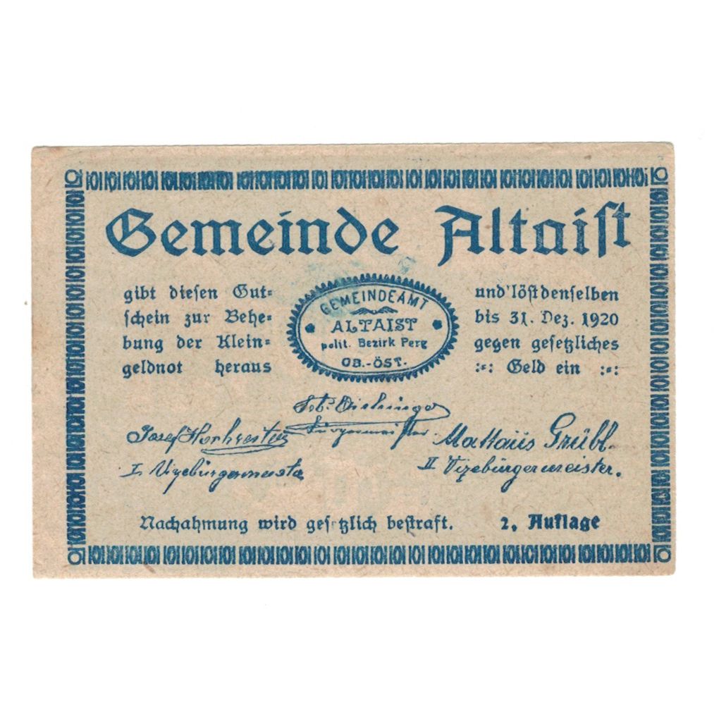 Billete, Austria, Altaist O.Ö. Gemeinde, 10 Heller, paysage, 1920, 1920-12-31
