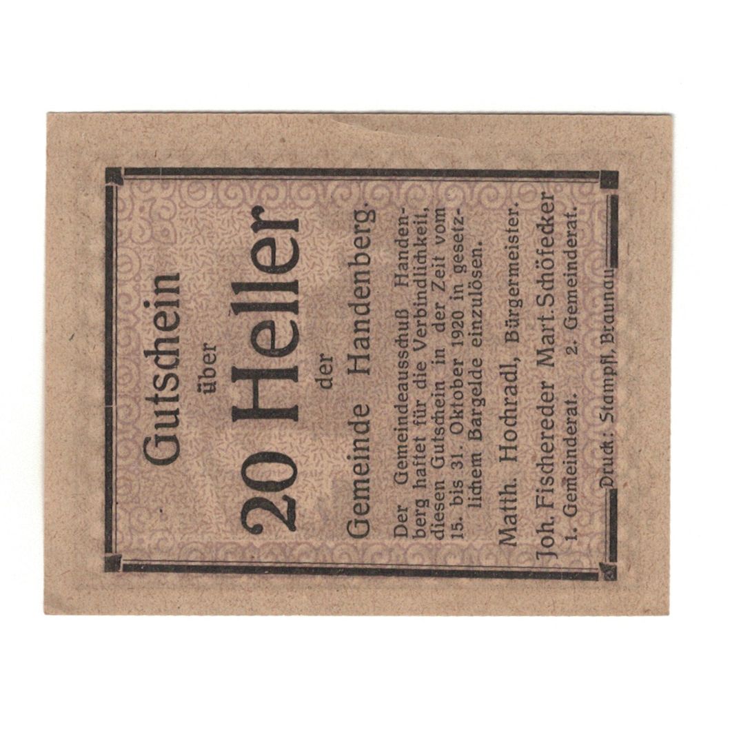 Billete, Austria, Handenberg O.Ö. Gemeinde, 20 Heller, Eglise, 1920