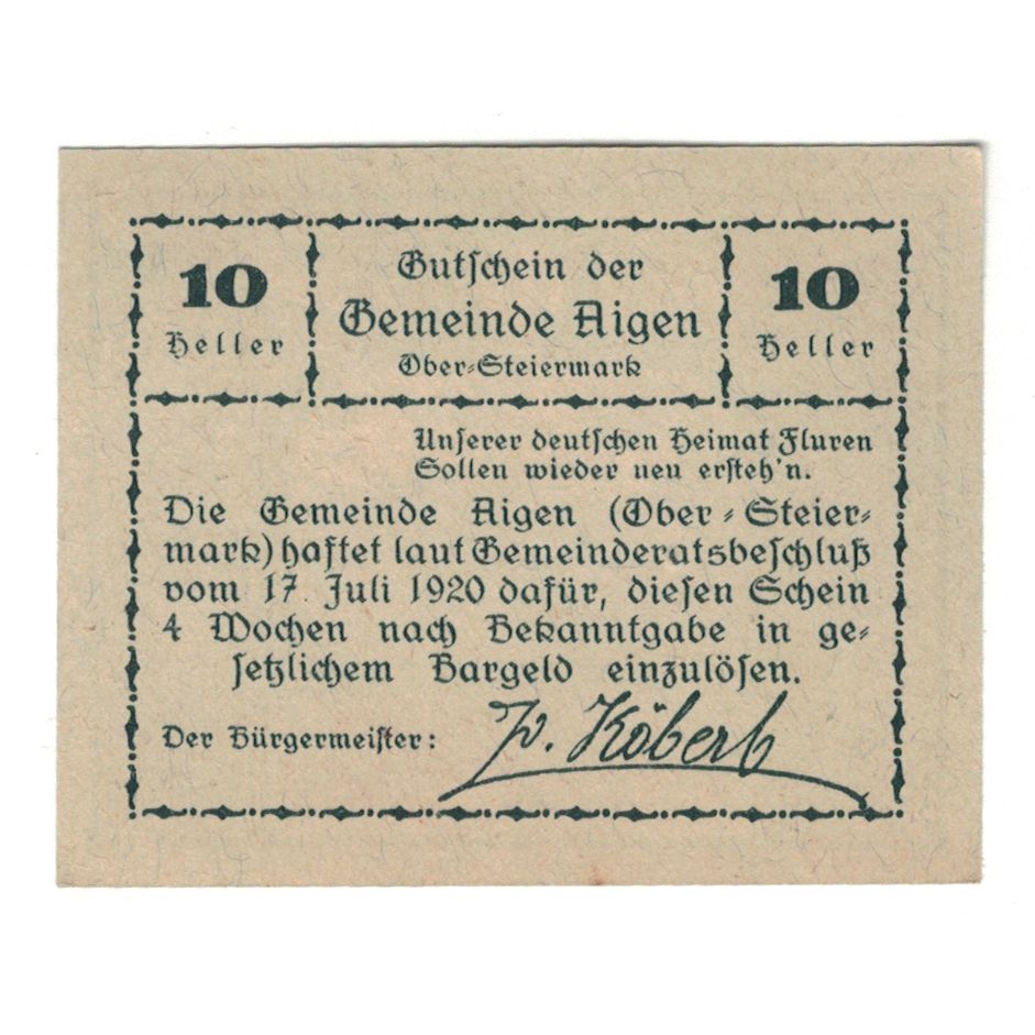 Billete, Austria, Aigen Sbg. Gemeinde, 10 Heller, paysage, 1920, 1920-07-17
