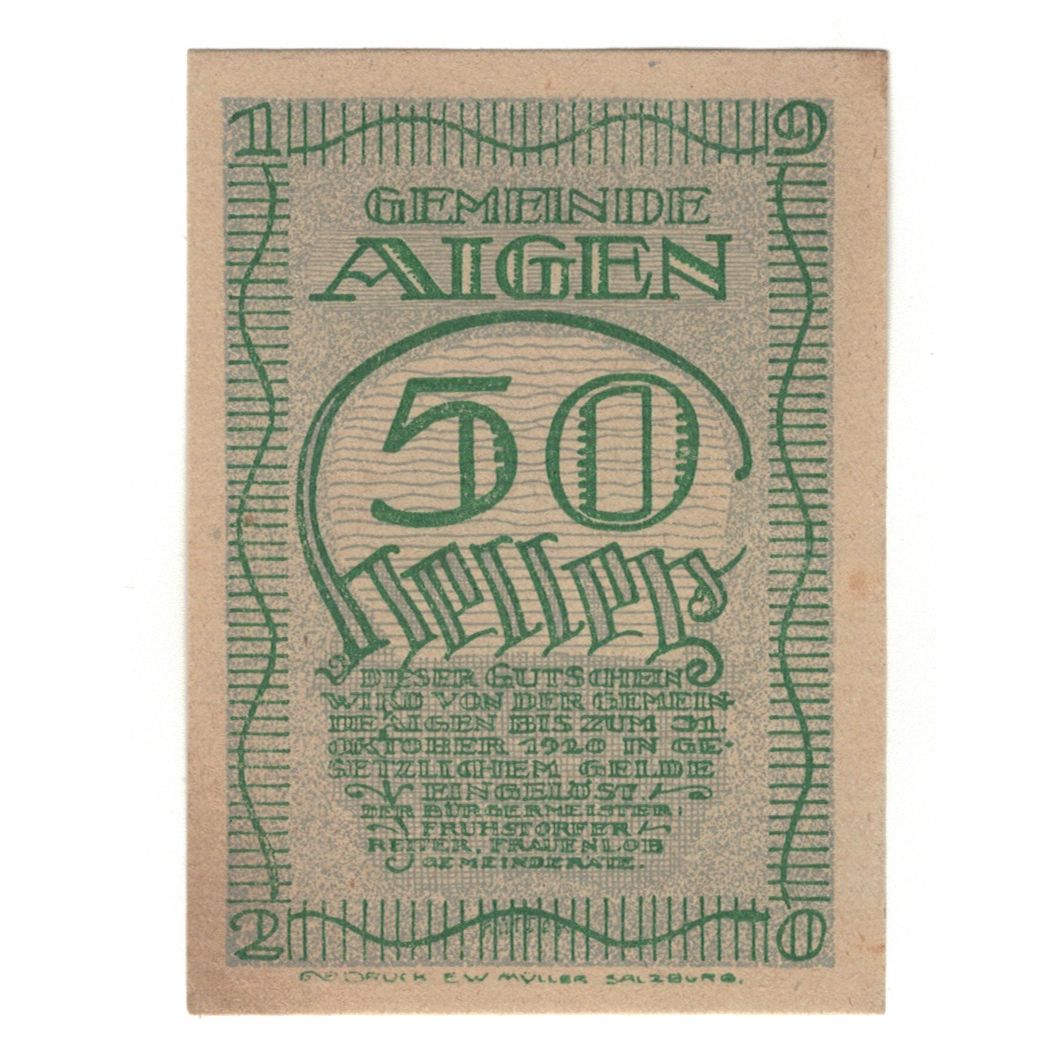 Billete, Austria, Aigen Sbg. Gemeinde, 50 Heller, paysage, 1920, 1920-12-31
