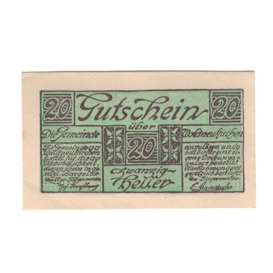 Billete, Austria, Waldneukirchen O.Ö. Gemeinde, 20 Heller, paysage, EBC