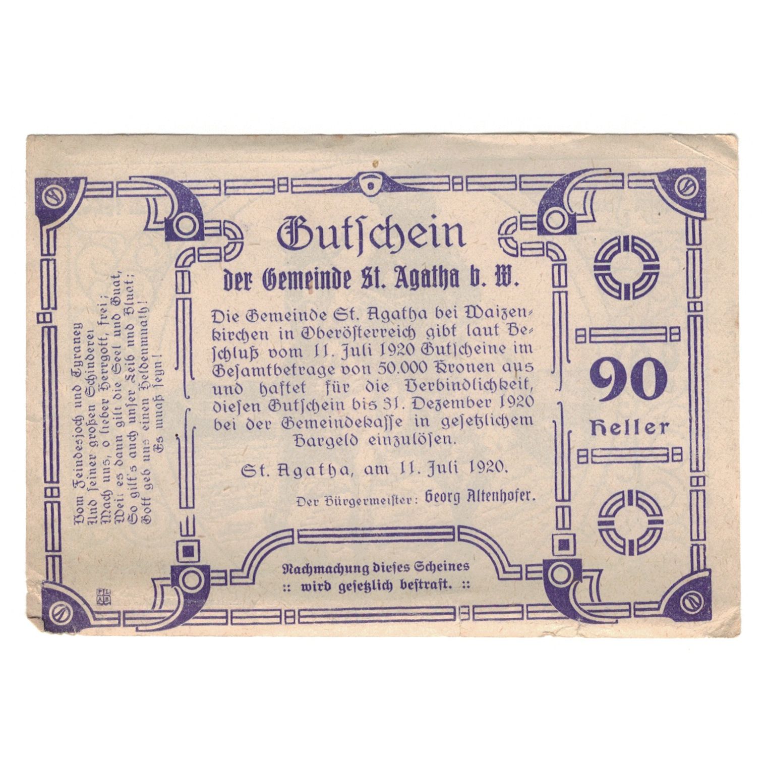 Billete, Austria, St. Agatha Bei Weizenkirchen O.Ö. Gemeinde, 90 Heller, Texte