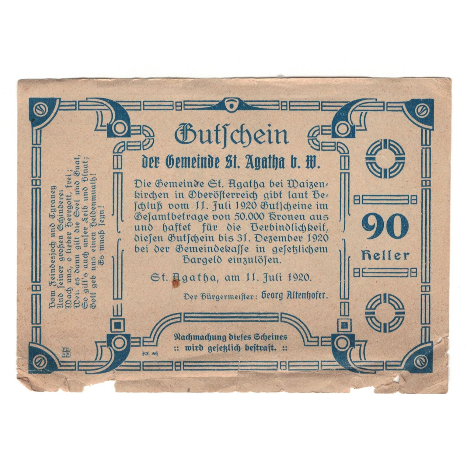 Billete, Austria, St. Agatha Bei Weizenkirchen O.Ö. Gemeinde, 90 Heller, Texte