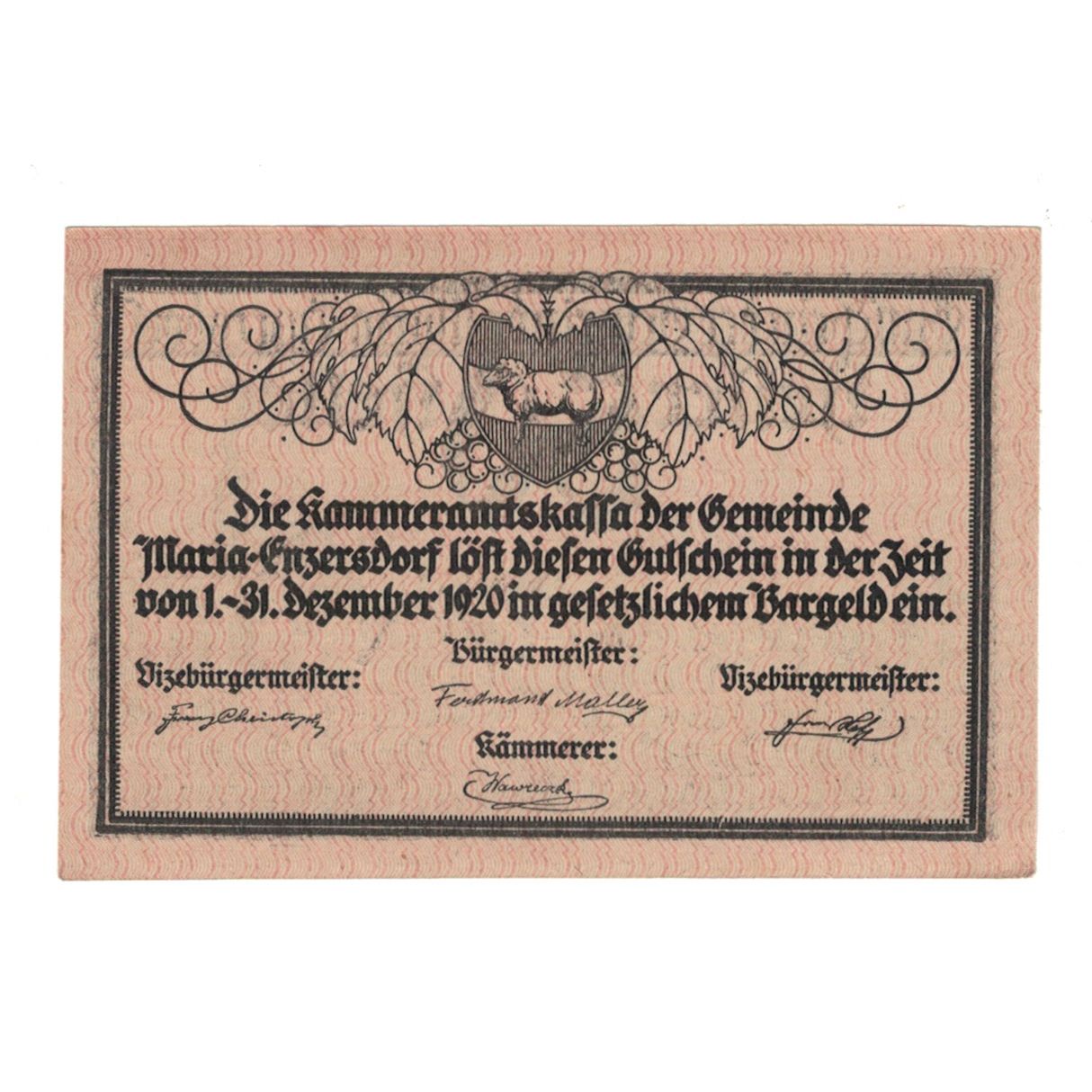 Banknote, Austria, Maria Enzersdorf N.Ö. Gemeinde, 50 Heller, paysage, 1920