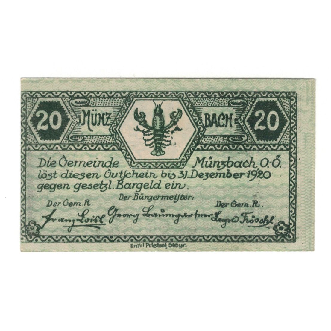 Billete, Austria, Münzbach O.Ö. Gemeinde, 20 Heller, arbre, 1920, 1920-12-31