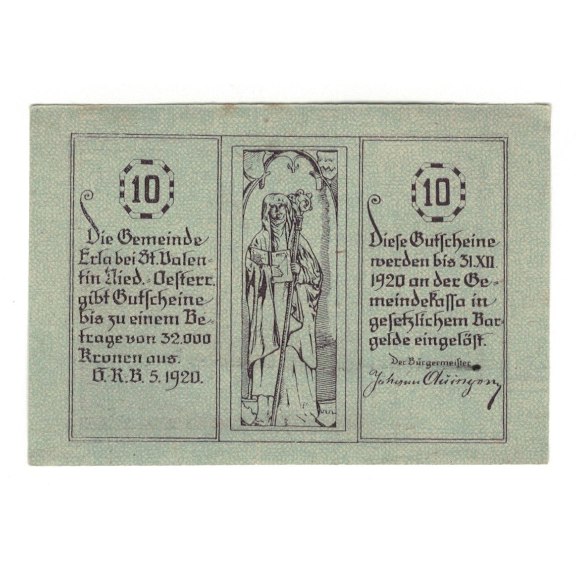 Billete, Austria, Erla N.Ö. Gemeinde, 10 Heller, paysage, 1920, 1920-12-31