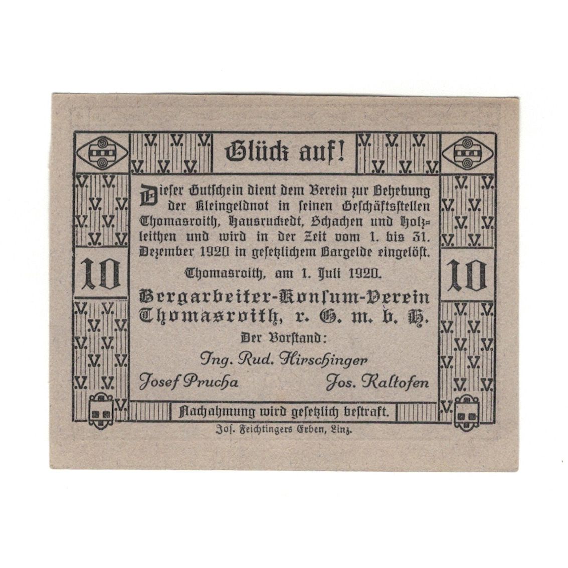 Billete, Austria, Thomasroith, 10 Heller, Texte, 1920, 1920-12-31, EBC, Mehl:FS