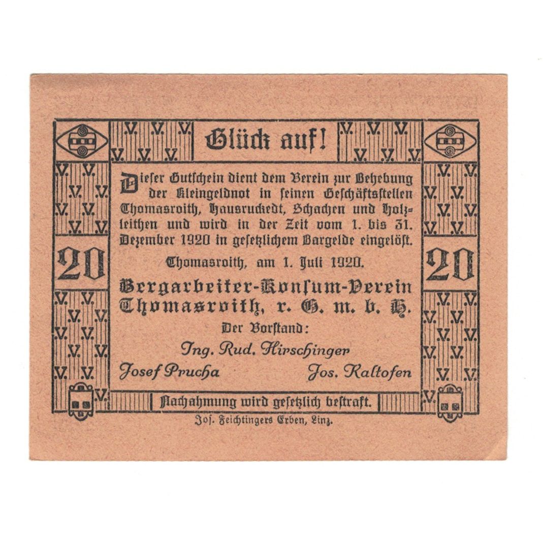 Billete, Austria, Thomasroith, 20 Heller, Texte, 1920, 1920-12-31, EBC, Mehl:FS