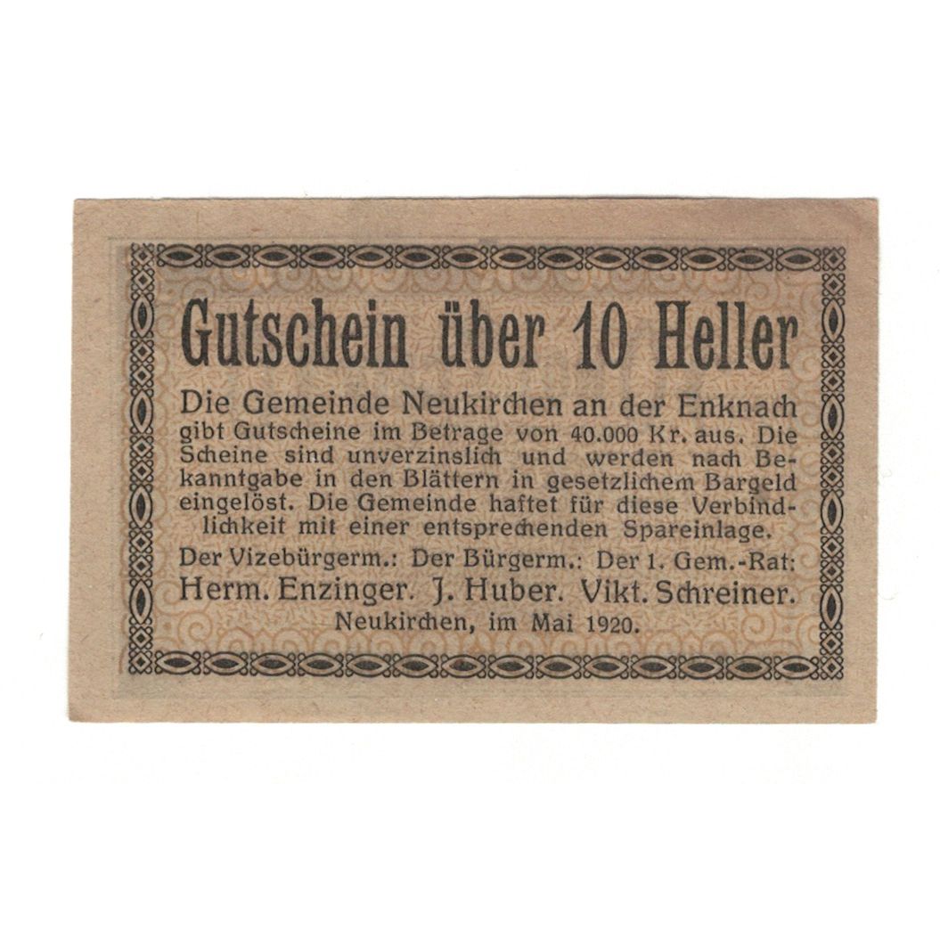 Billete, Austria, Neukirchen an der Enknach O.Ö. Gemeinde, 10 Heller, Texte