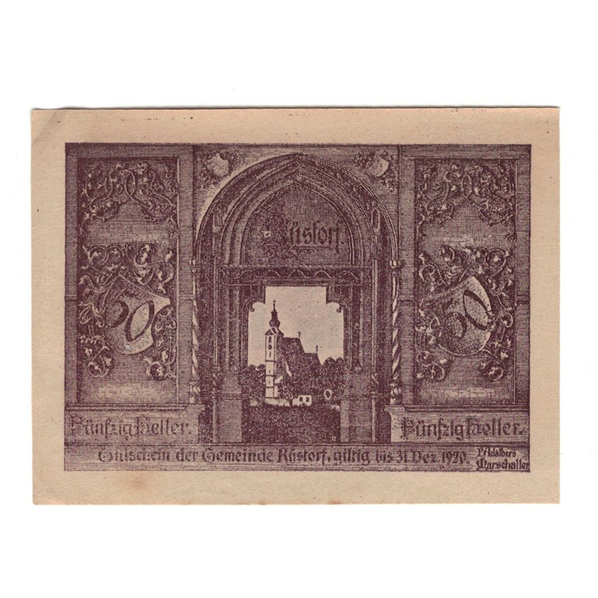 Billete, Austria, Rustorf, 50 Heller, Eglise, 1920, 1920-12-31, EBC, Mehl:FS