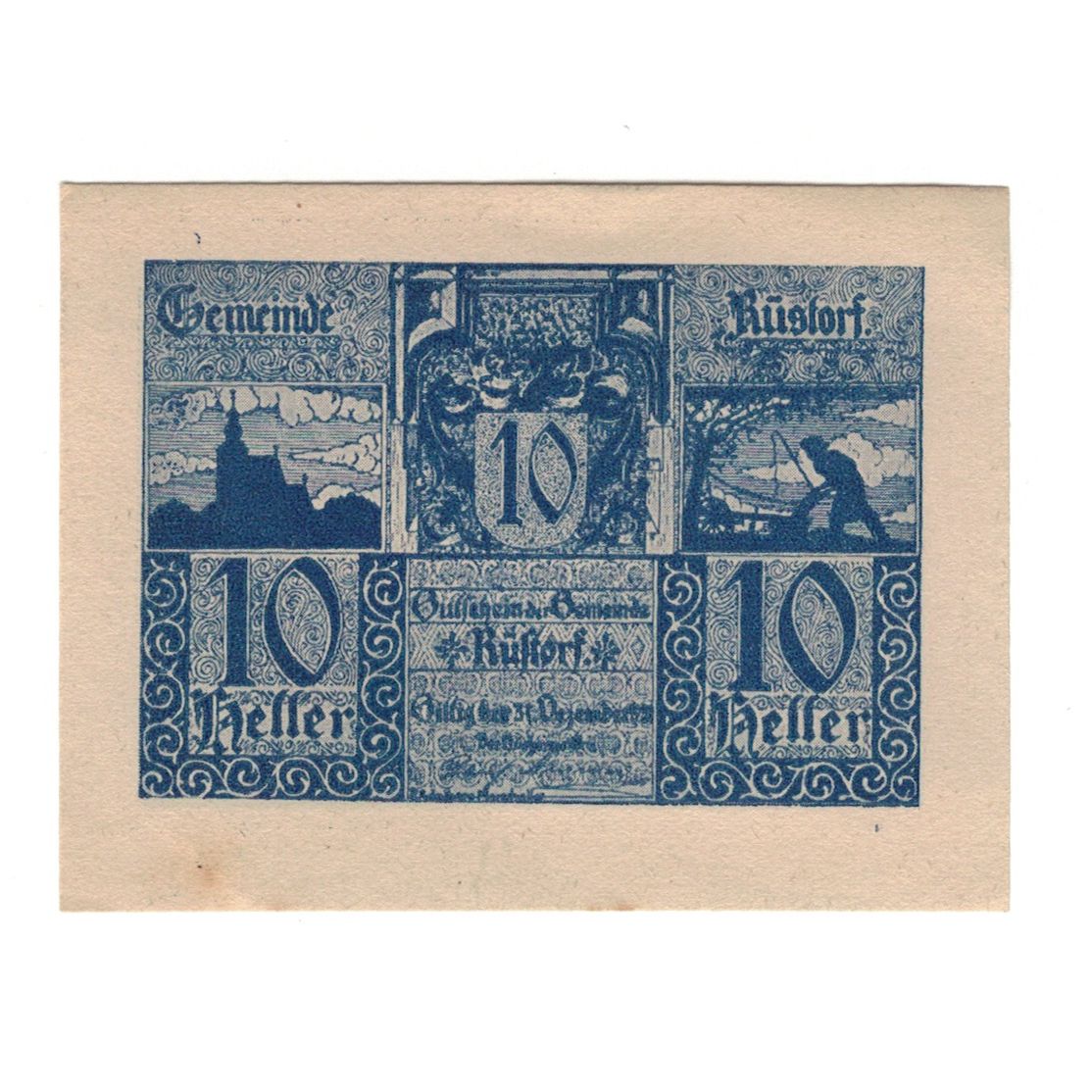 Billete, Austria, Rüstorf O.Ö. Gemeinde, 10 Heller, Texte, 1920, 1920-12-31