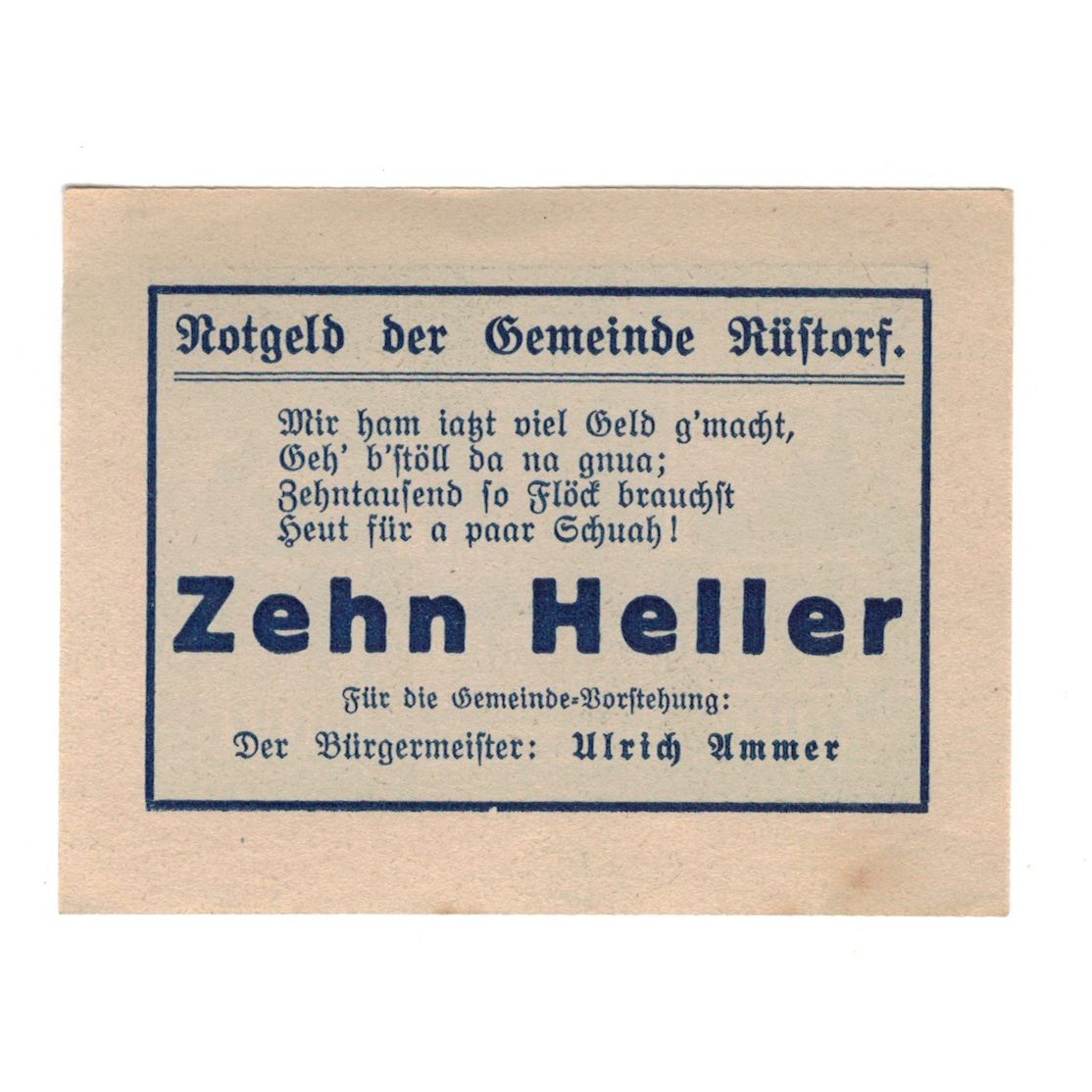 Billete, Austria, Rüstorf O.Ö. Gemeinde, 10 Heller, Texte, 1920, 1920-12-31