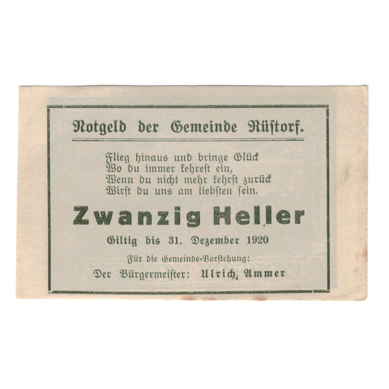 Billete, Austria, Rüstorf O.Ö. Gemeinde, 20 Heller, Texte, 1920, 1920-12-31