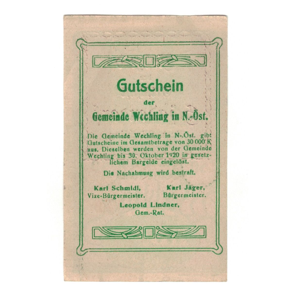 Billete, Austria, Wechling N.Ö. Gemeinde, 50 Heller, Texte, 1920, 1920-10-30