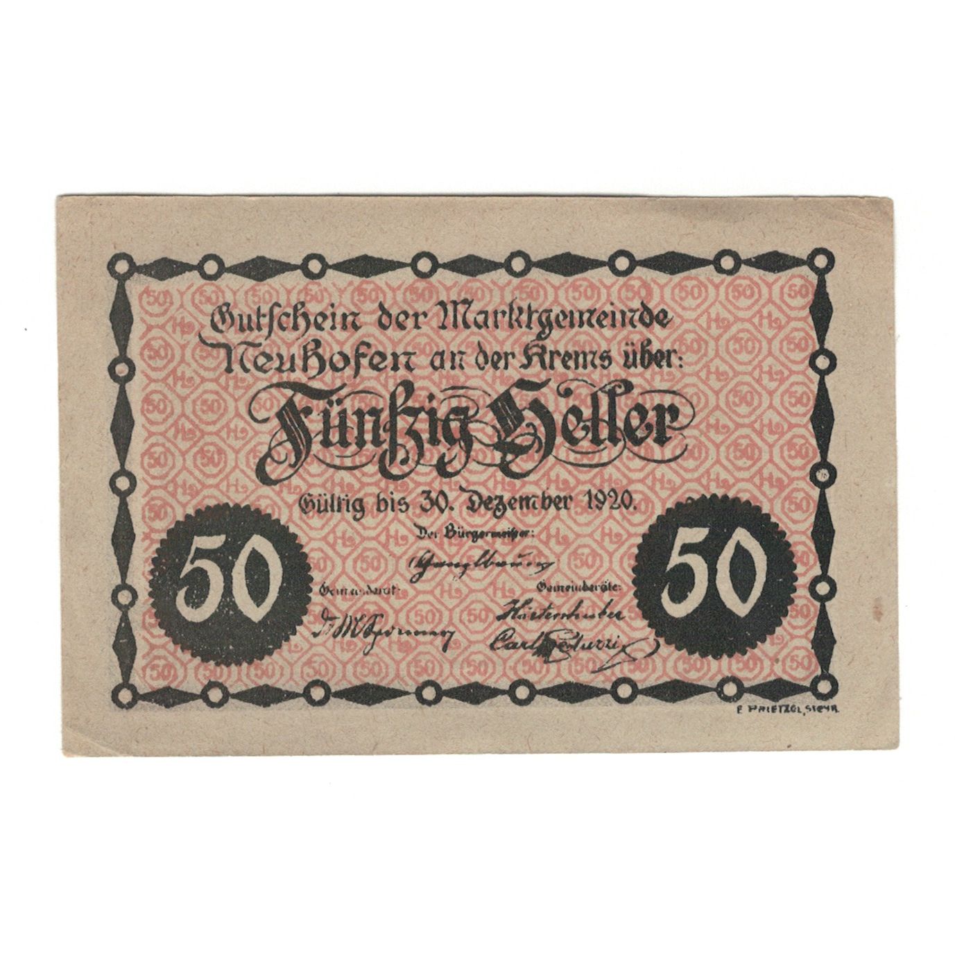 Billete, Austria, Neuhofen an der Krems O.Ö. Marktgemeinde, 50 Heller, Texte