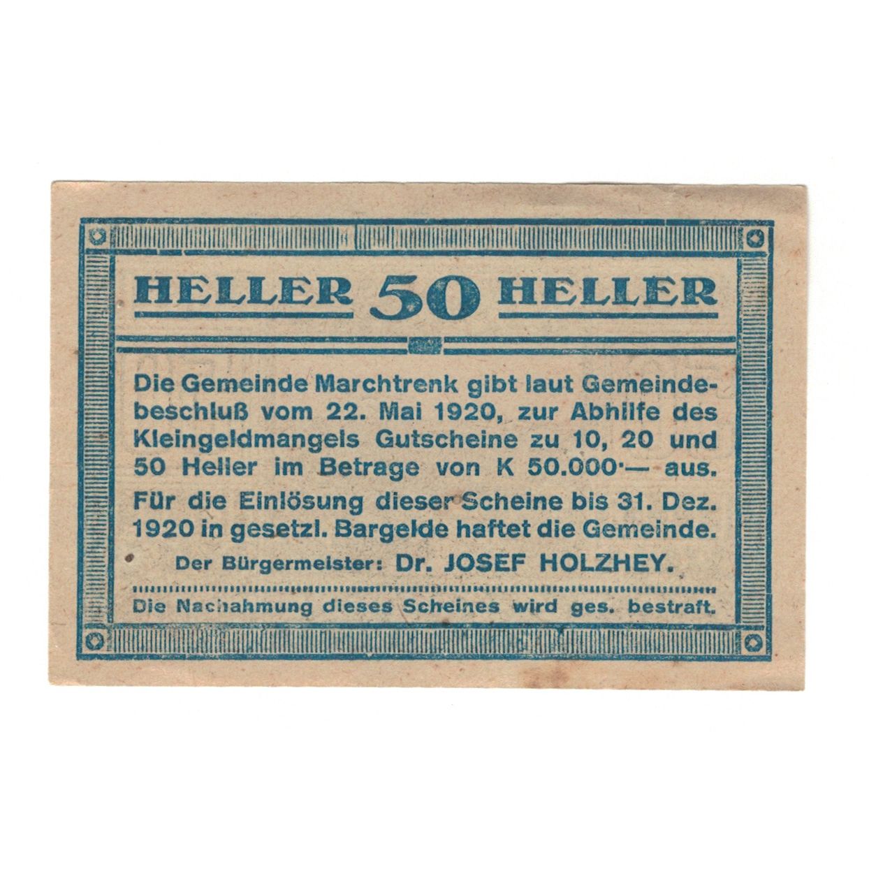 Billete, Austria, Marchtrenk O.Ö. Gemeinde, 50 Heller, Texte, 1920, 1920-12-31