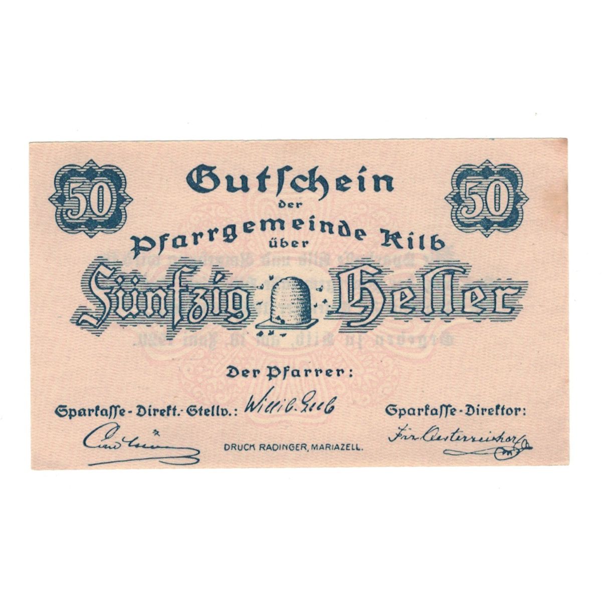 Billete, Austria, Kilb N.Ö. Prv. Pfarrgemeinde, 50 Heller, Texte, 1920