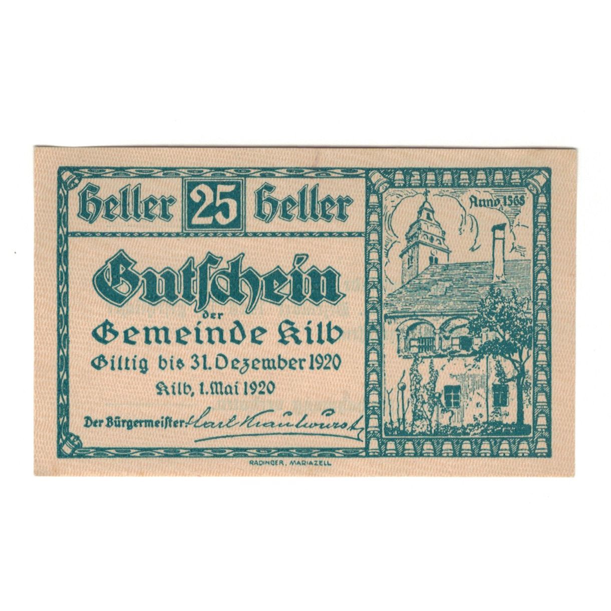 Billete, Austria, Kilb N.Ö. Prv. Pfarrgemeinde, 25 Heller, Texte, 1920