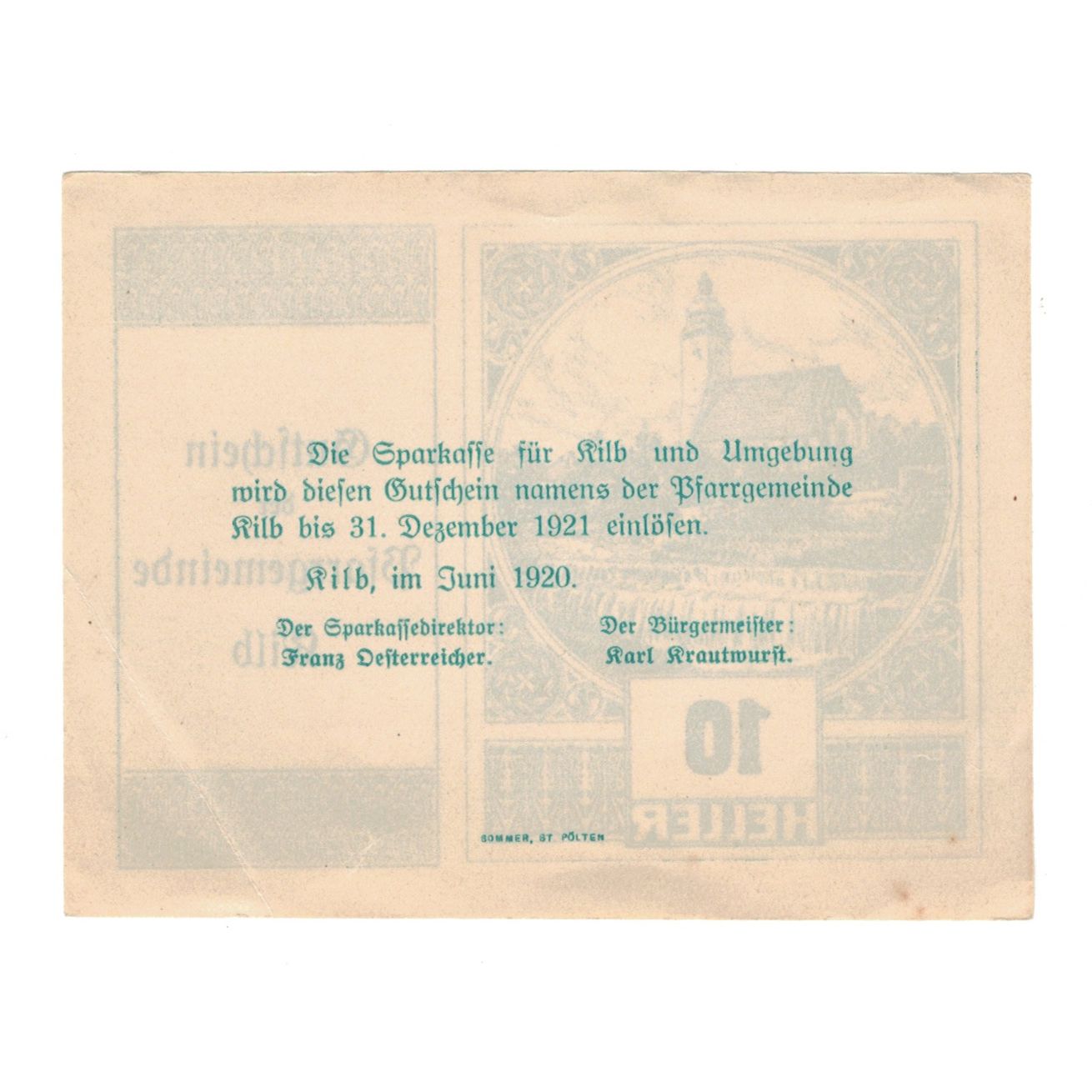 Billete, Austria, Kilb N.Ö. Prv. Pfarrgemeinde, 10 Heller, Texte, 1920