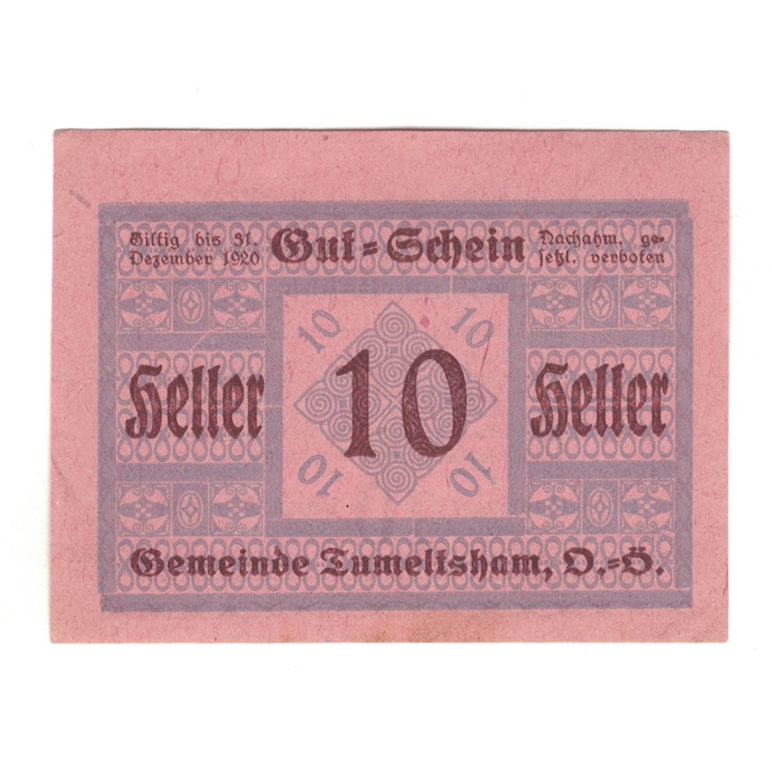 Billete, Austria, Tumeltsham O.Ö. Gemeinde, 10 Heller, Texte, 1920, 1920-12-31
