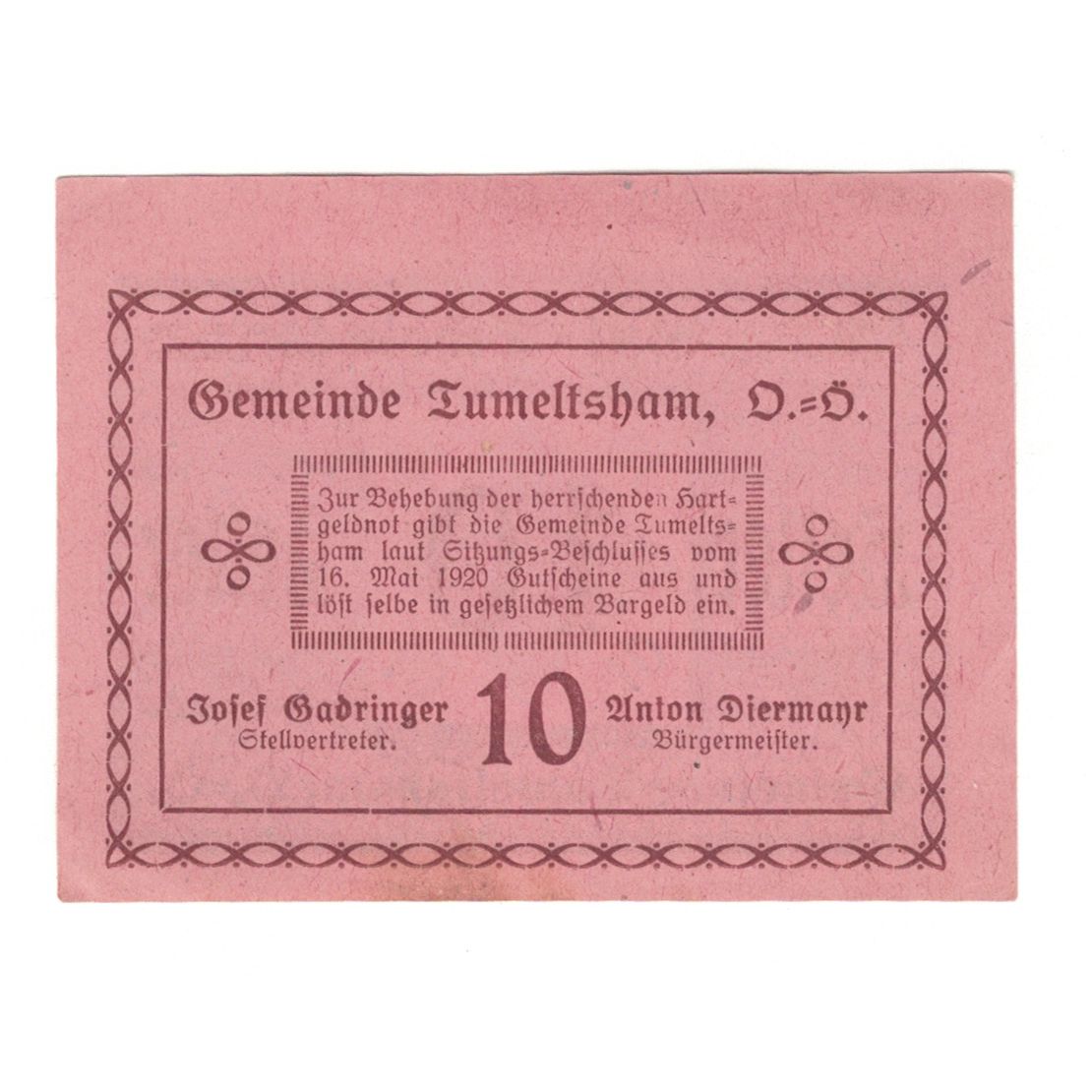 Billete, Austria, Tumeltsham O.Ö. Gemeinde, 10 Heller, Texte, 1920, 1920-12-31