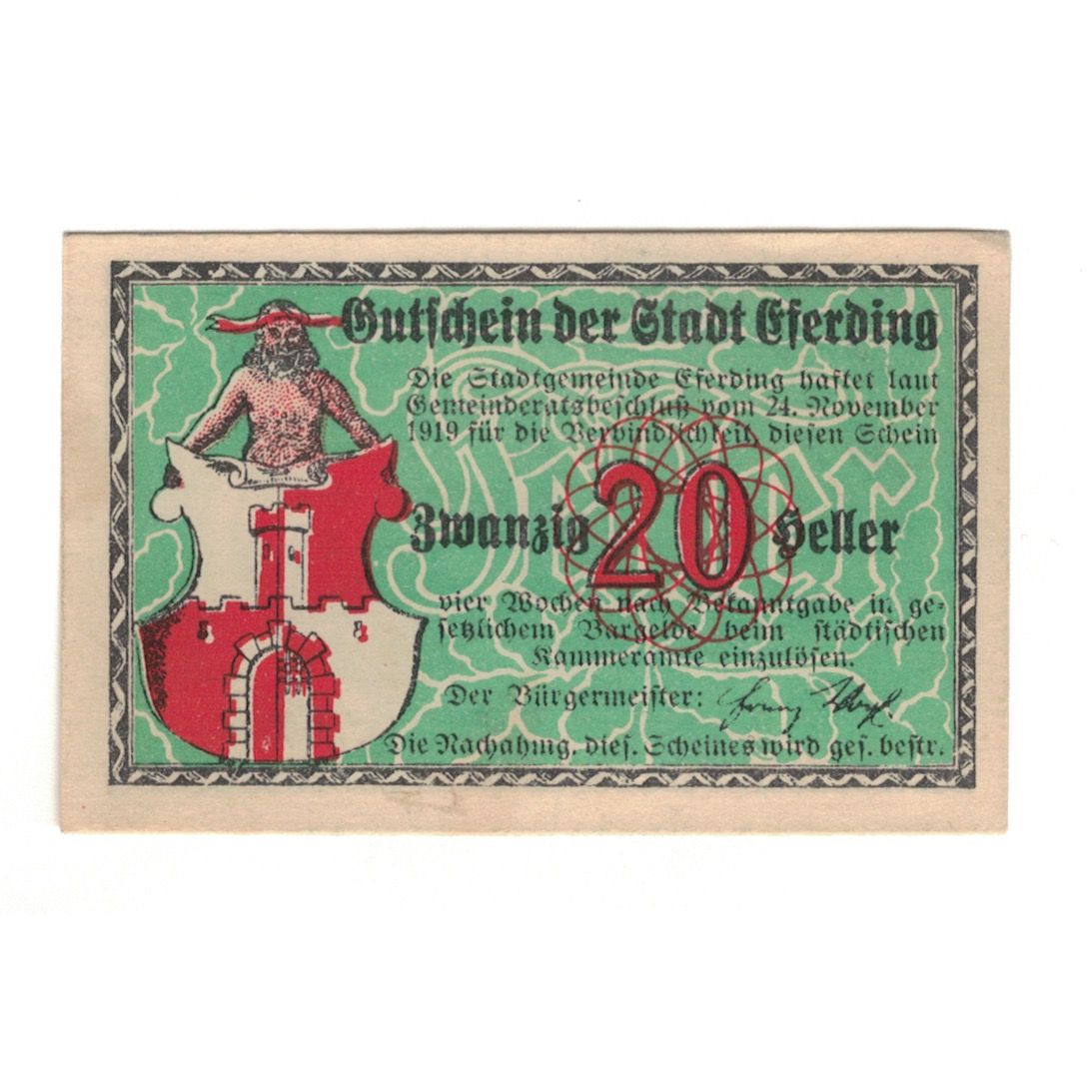 Billete, Austria, Eferding O.Ö. Stadtgemeinde, 20 Heller, paysage, 1919