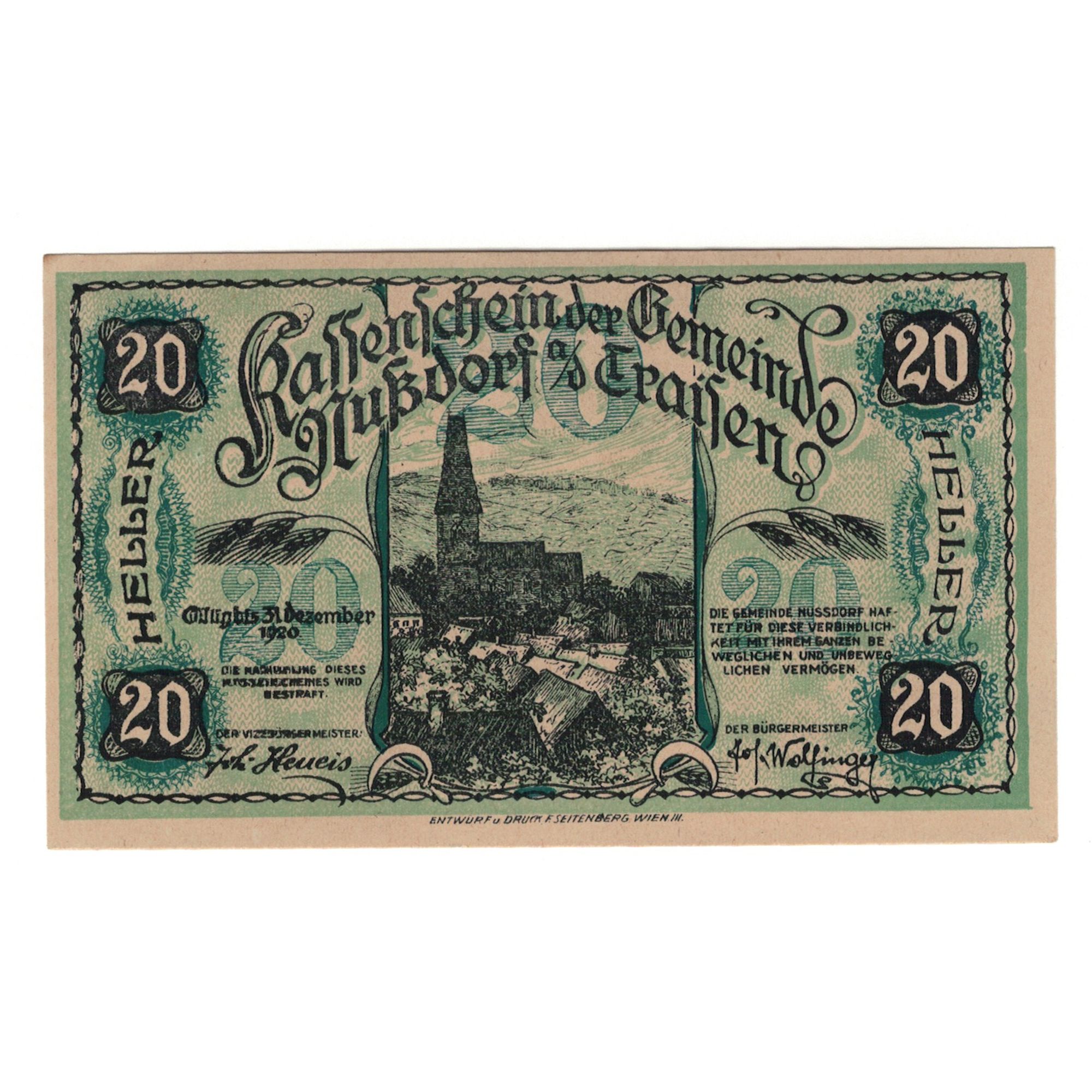 Banknote, Austria, Nußdorf an der Traisen N.Ö. Gemeinde, 20 Heller, paysage
