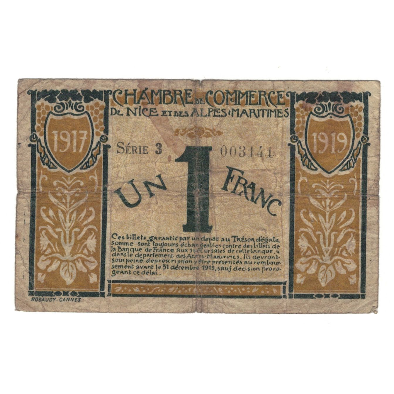 France, Nice, 1 Franc, 1917, AU(55-58), Pirot:091.05 | World Paper