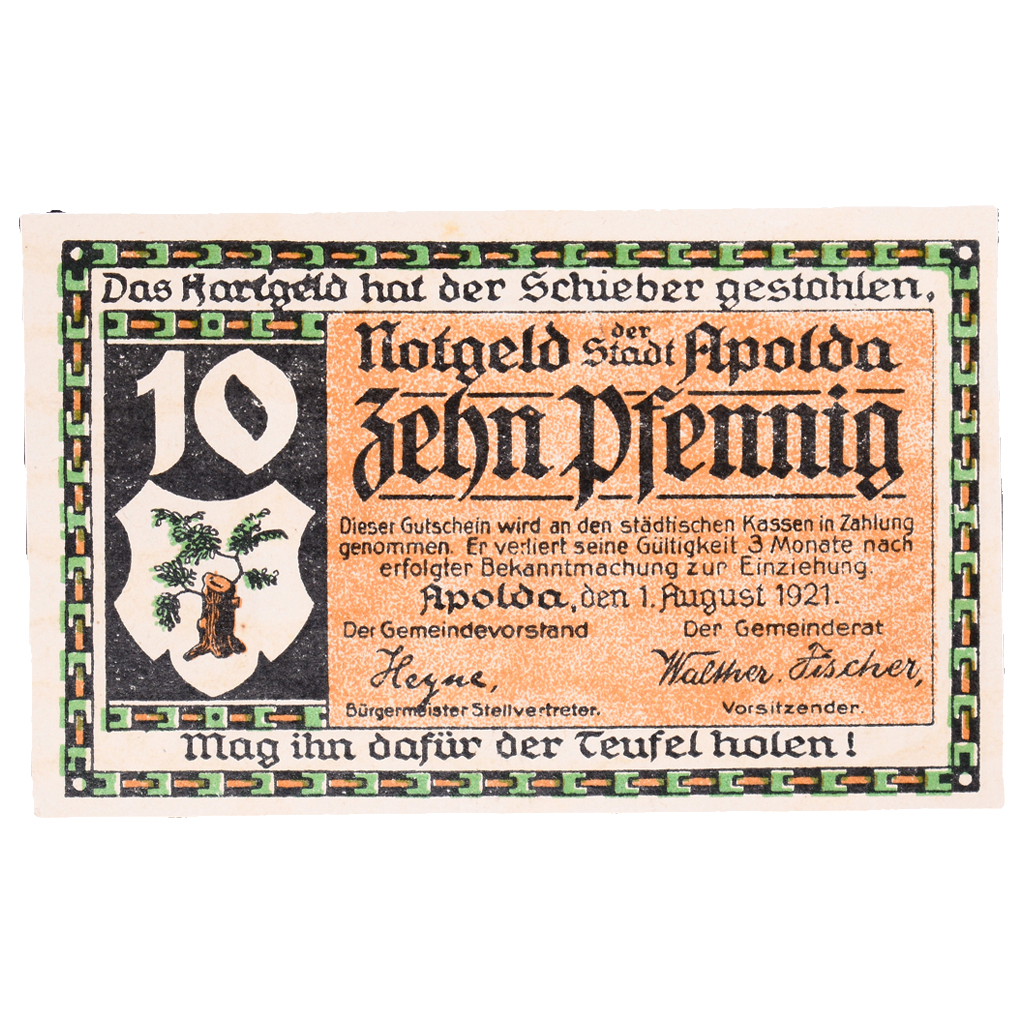 Banknote, Germany, Apolda Stadt, 10 Pfennig, personnage, 1921, 1921-08-01