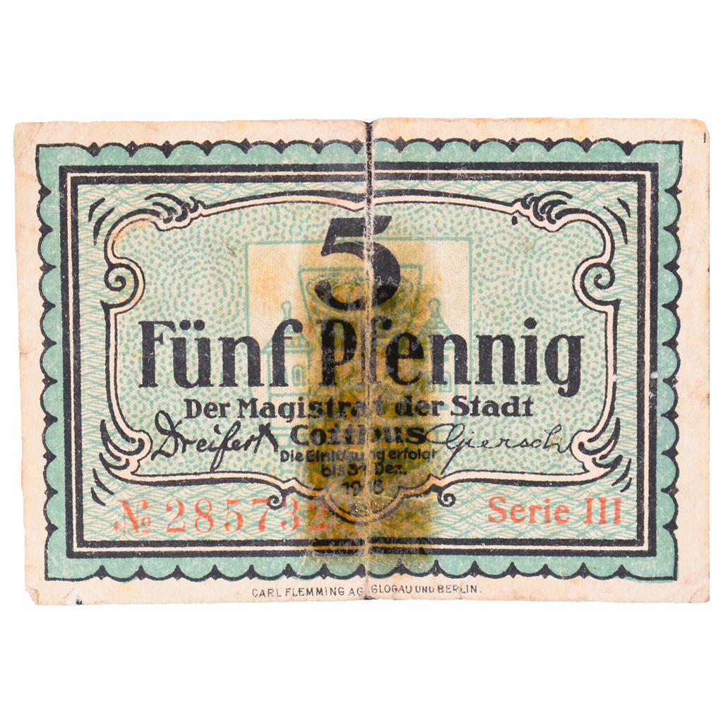 Banknote, Germany, Cottbus Stadt, 5 Pfennig, valeur faciale, 1918, 1918-12-31