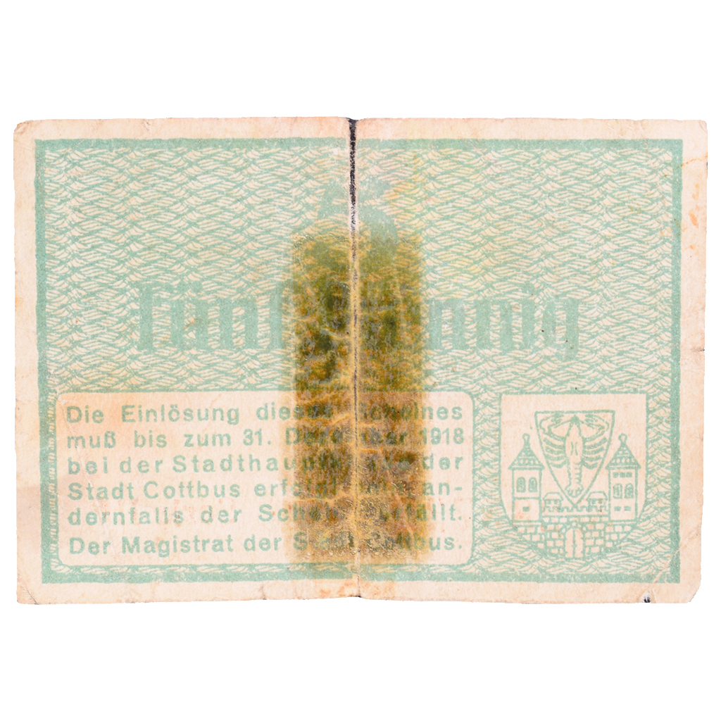Banknote, Germany, Cottbus Stadt, 5 Pfennig, valeur faciale, 1918, 1918-12-31