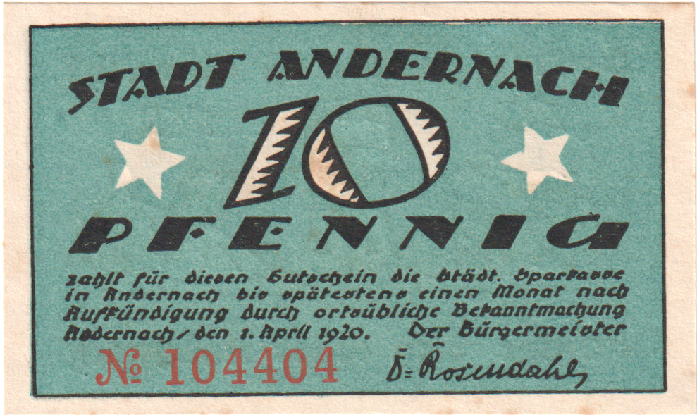 Banknote, Germany, Andernach, 10 Pfennig, personnage, 1920, 1920-04-01, UNC(63)