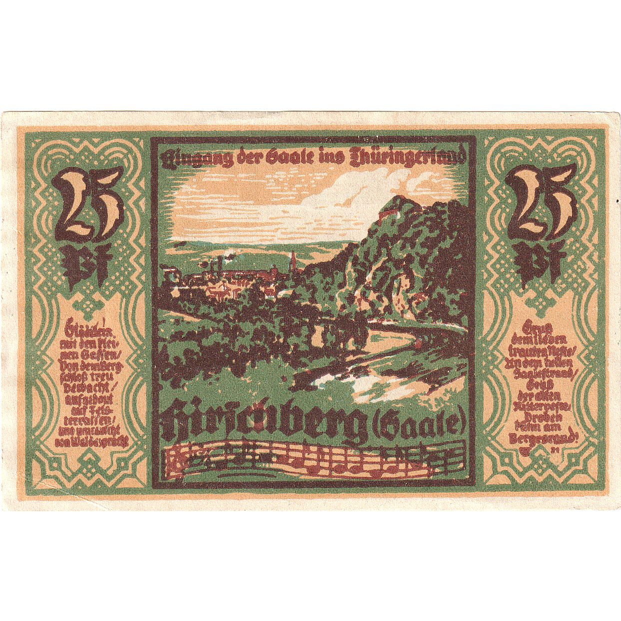 Banknote, Germany, Hirschberg a.d. Saale Stadt, 25 Pfennig, paysage, 1921