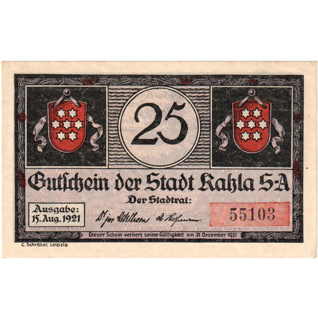 Allemagne, Kahla, 25 Pfennig, personnage, 1921, 1921-08-15, SPL, Mehl:668.2a