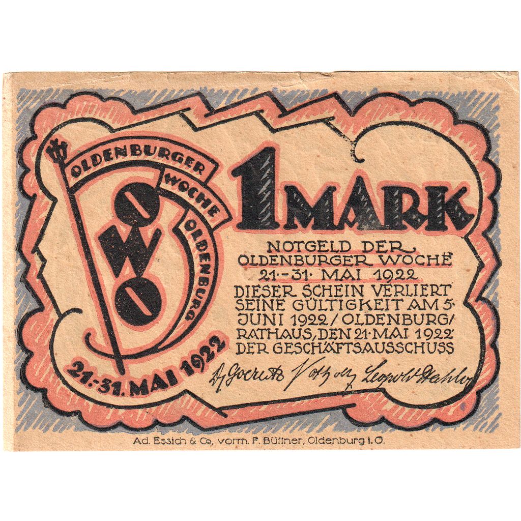 Germany, Oldenburg, 1 Mark, paysage, 1922, 1922-05-21, UNC, Mehl:1018.1