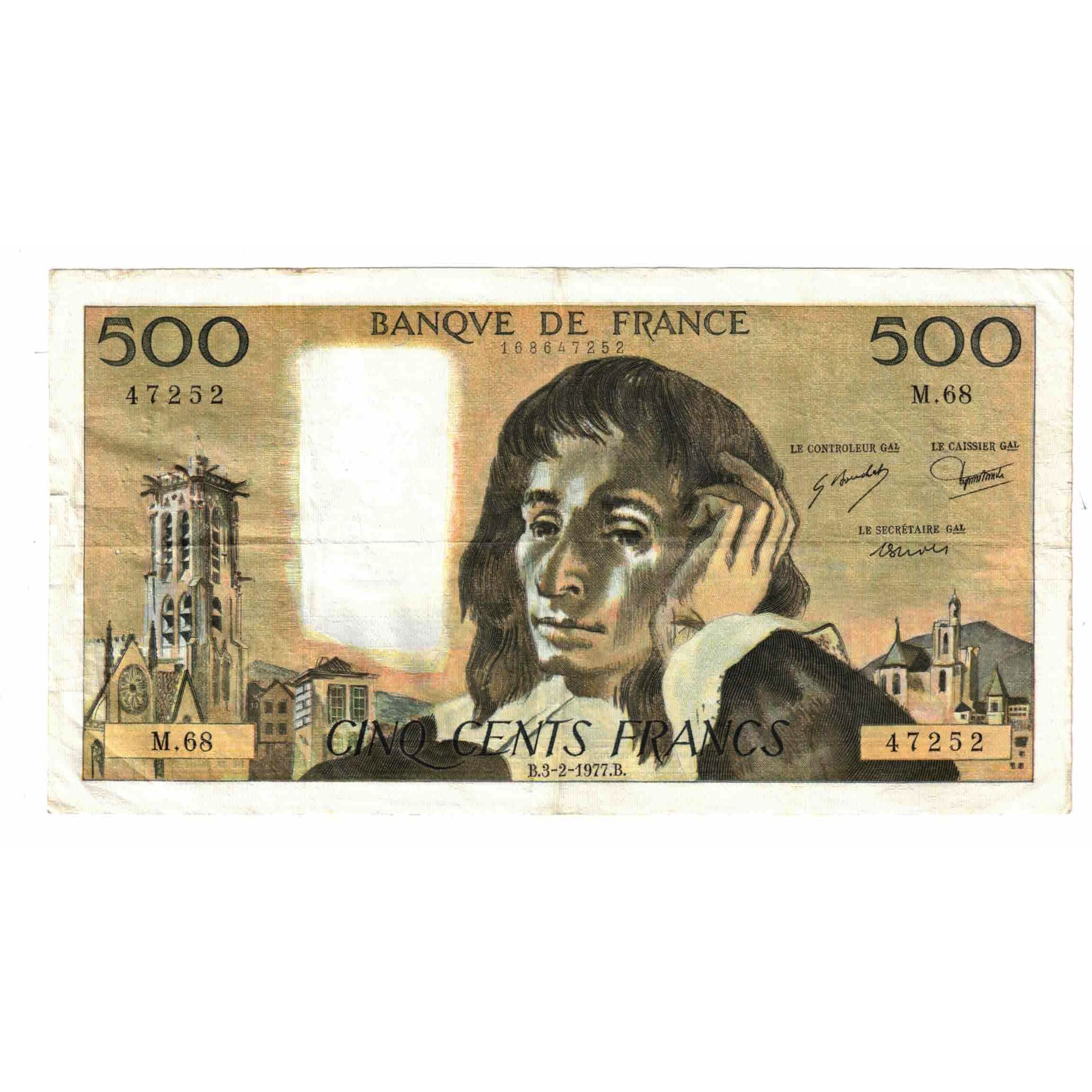 France, 500 Francs, Pascal, 1977, M.68, EF(40-45), Fayette:71.16, KM:156d