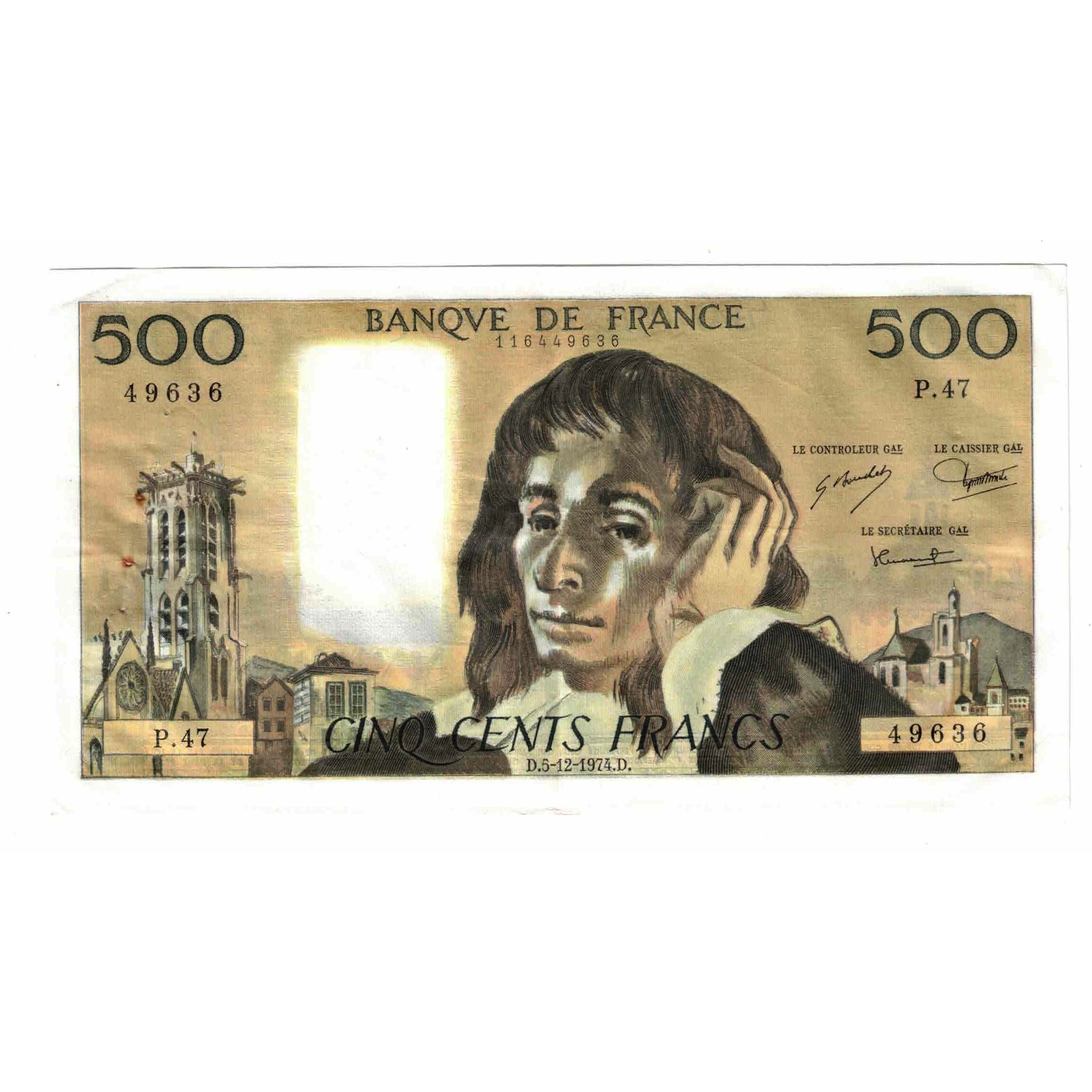 France, 500 Francs, Pascal, 1974, P.47, AU(50-53), Fayette:71.12, KM:156c