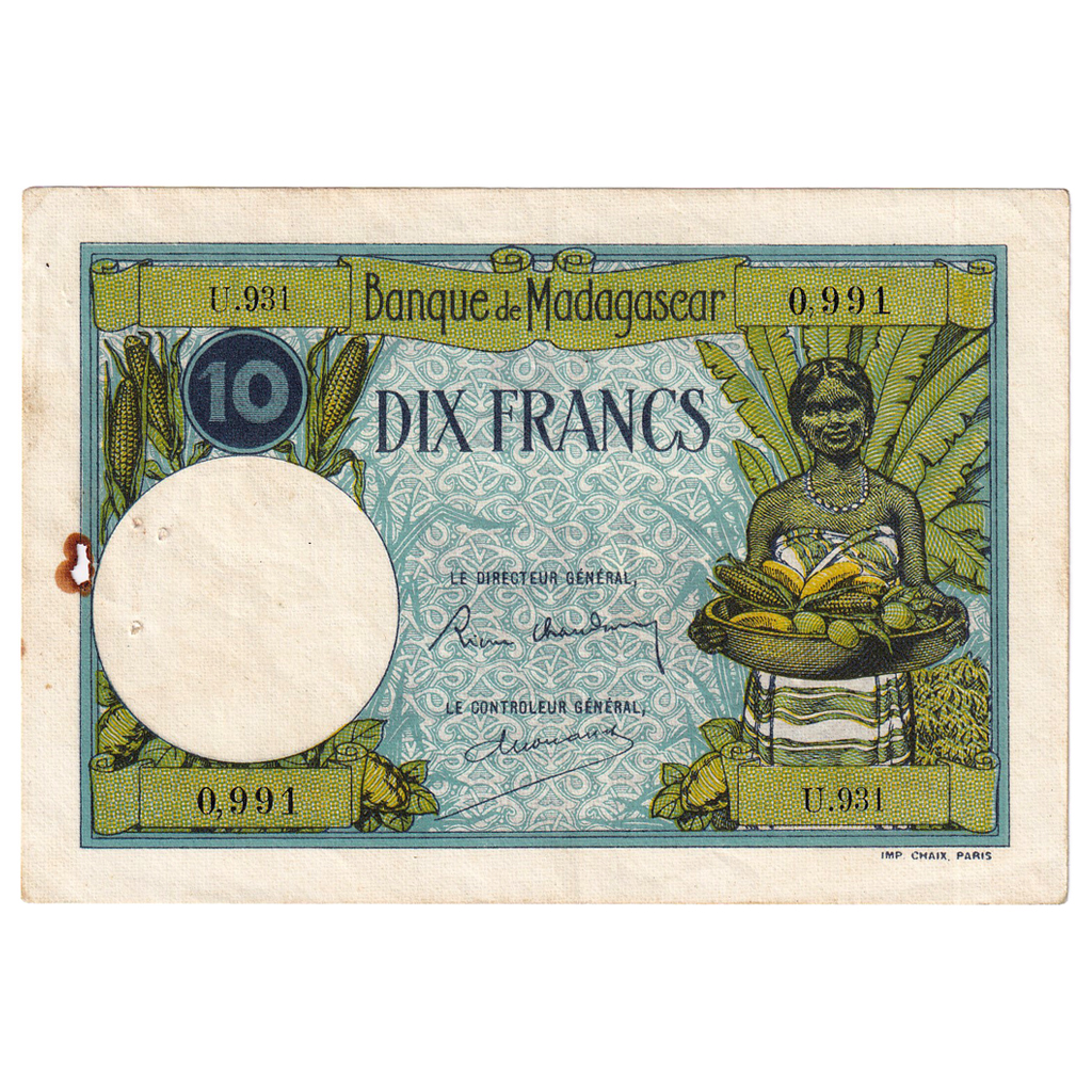 Banknote, Madagascar, 10 Francs, 1937-1947, KM:36, AU(50-53)