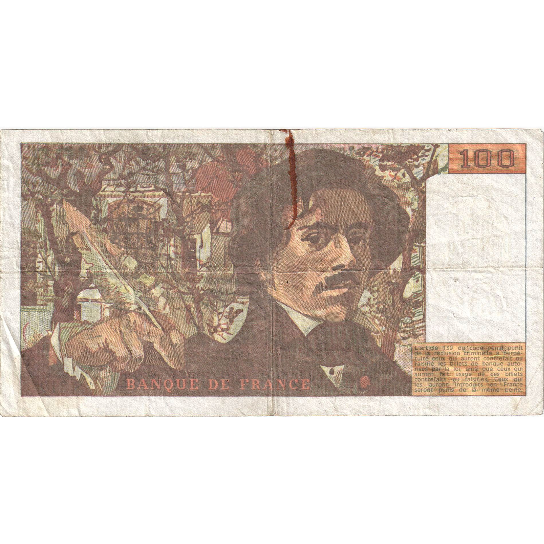 France, 100 Francs, Delacroix, 1993, S.210, VF(20-25), Fayette:69bis.05, KM:154g