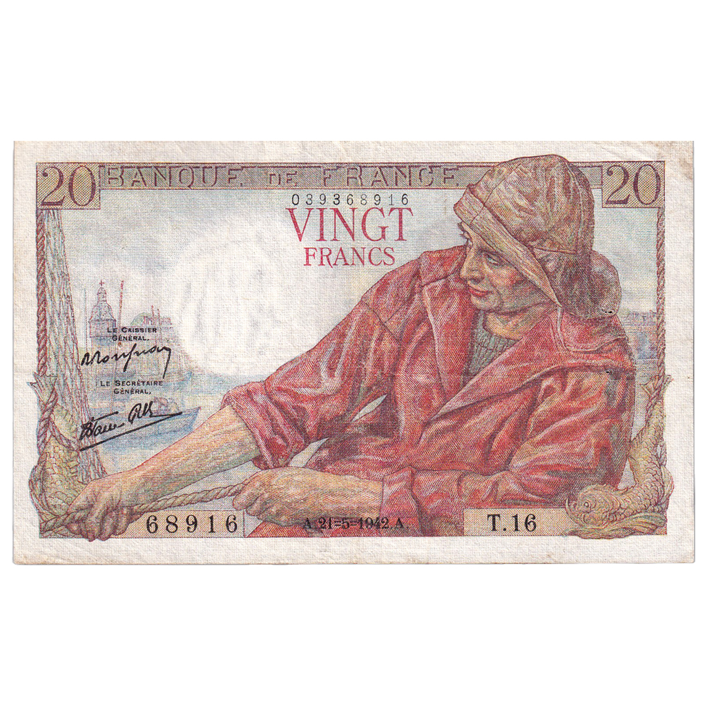 France, 20 Francs, Pêcheur, 1942, T.16, EF(40-45), Fayette:13.02, KM:100a
