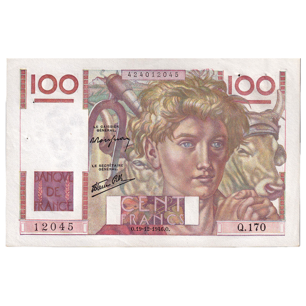 France, 100 Francs, Jeune Paysan, 1946, Q.170, AU(50-53), Fayette:28.12, KM:128a
