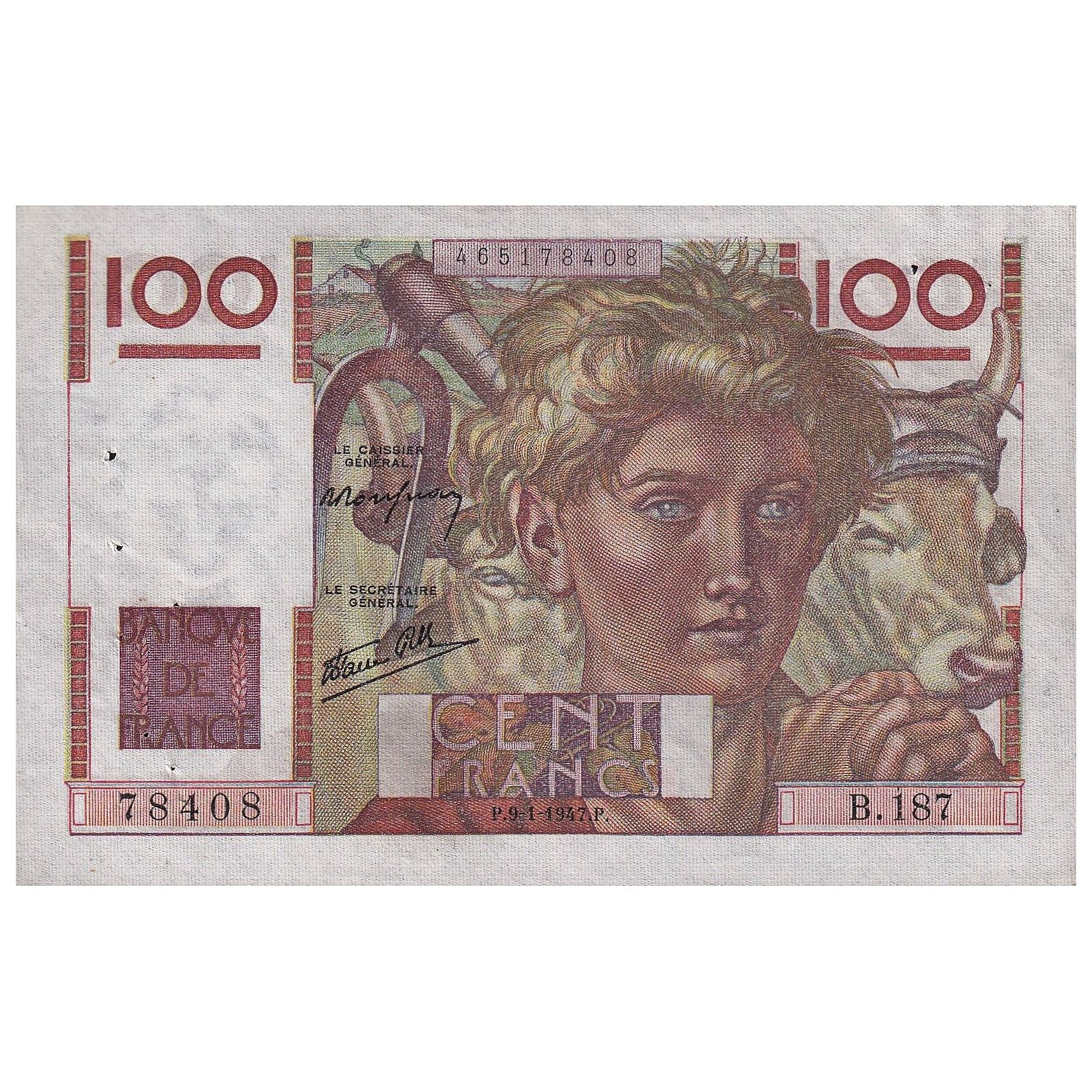 France, 100 Francs, Jeune Paysan, 1947, B.187, EF(40-45), Fayette:28.13, KM:128a