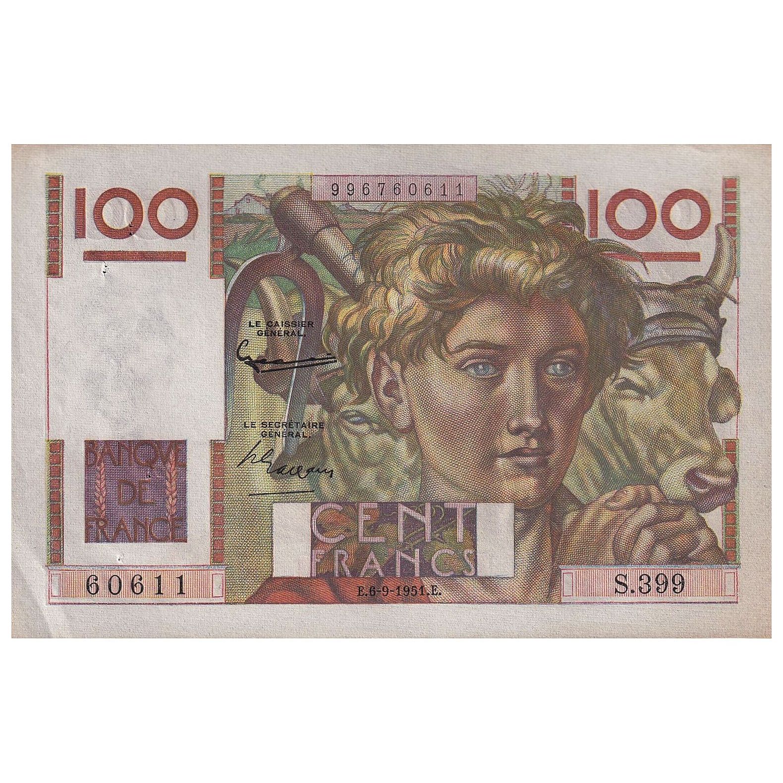 France, 100 Francs, Jeune Paysan, 1951, S.399, AU(50-53), Fayette:28.29, KM:128d