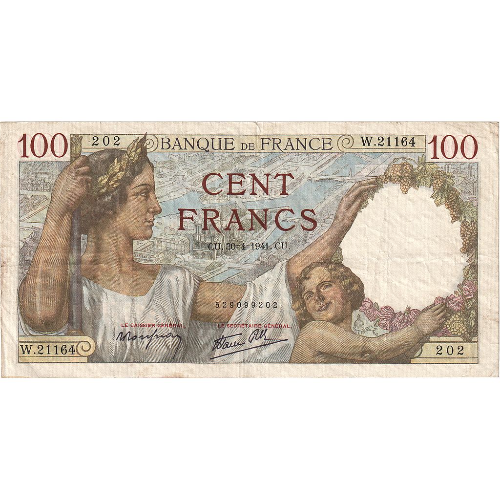 France, 100 Francs, Sully, 1941, W.21164, EF(40-45), Fayette:26.51, KM:94
