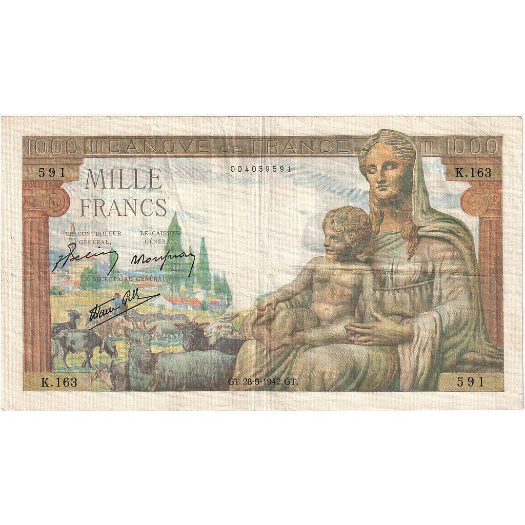 France, 1000 Francs, Déesse Déméter, 1942, K.163, EF(40-45), Fayette:40.01
