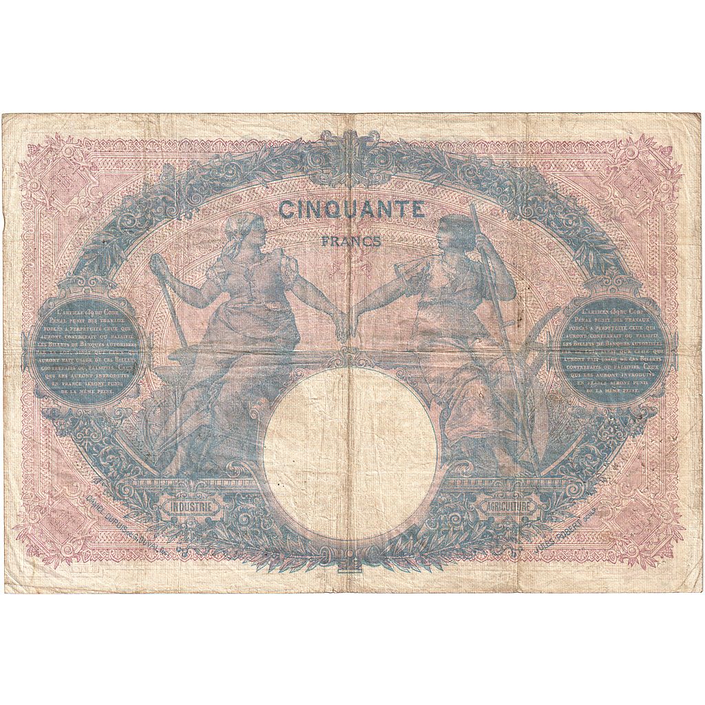 France, 50 Francs, Bleu et Rose, 1914, A.5455, EF(40-45), Fayette:14.27, KM:64e