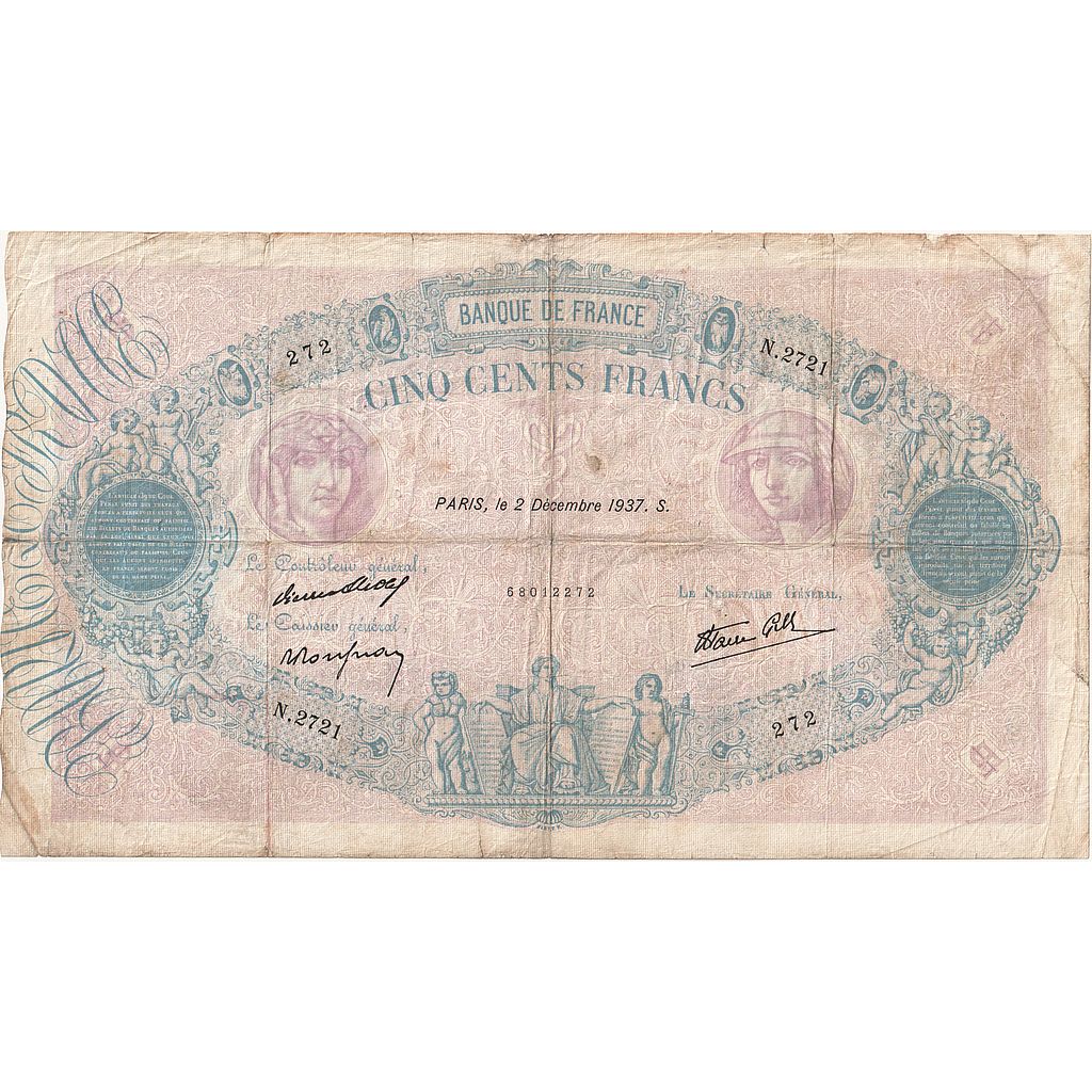 France, 500 Francs, Bleu et Rose, 1937, N.2721, VG(8-10), Fayette:31.4, KM:88b