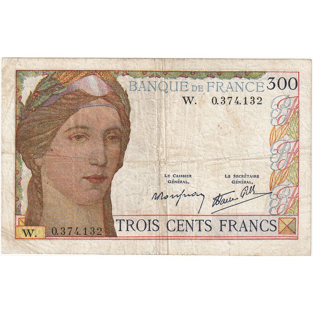France, 300 Francs, Cérès, 1938, W, VF(30-35), Fayette:29.2, KM:87r